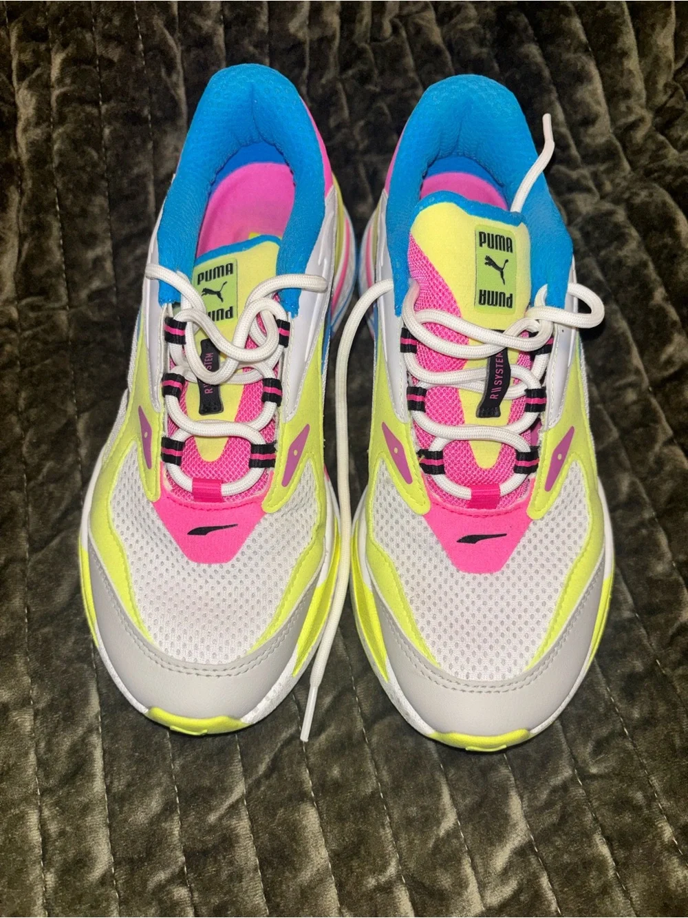 Puma White Neon Yellow Pink Blue Tennis Shoes / Grade School size 6